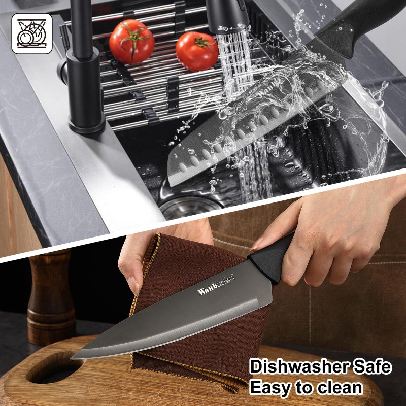 Wanbasion Black Stainless Steel Knife Set, Sharp Kitchen Knife Set Professional, Kitchen Knife Set Dishwasher Safe with Covers for Cooking - Image 5